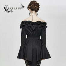 Load image into Gallery viewer, ESHT006 horizontal neck elastic rubber waist stretchy women black shirts with rose flower