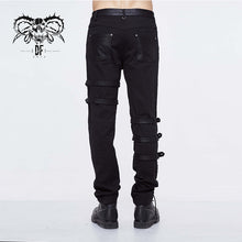 Load image into Gallery viewer, PT092 Asymmetric loops ragged black men punk rock broken holes bandage trousers