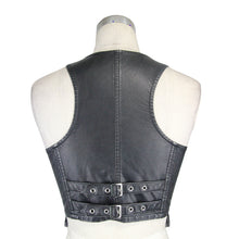Load image into Gallery viewer, WT01001 Women black and silver punk short faded leather waistcoat with pockets