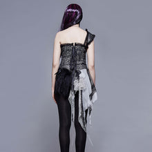 Load image into Gallery viewer, ECST002 Black and silver irregular chiffon lace and ruffles hem corset with shoulder strap