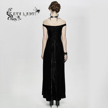 Load image into Gallery viewer, ESKT027 Gothic party Queen velvet flat shouders lace up deep V chest slim sexy long dress