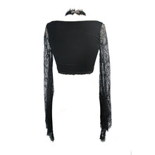 Load image into Gallery viewer, ETT010 Summer black and red sexy women lace sleeve ultrashort halter t-shirt with bead chains