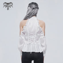 Load image into Gallery viewer, SHT08102 stand collar white fitted waist sexy ladies off the shoulder vertical striped lace Gothic shirts