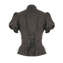 Load image into Gallery viewer, SHT043 Steampunk bubble short-sleeved striped brown women slim cotton blouse