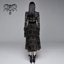 Load image into Gallery viewer, SKT09801 daily black Queen floral flocking printed long sleeves velvet tunic dress with tie