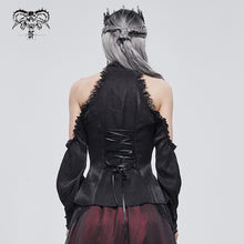 Load image into Gallery viewer, SHT08101 summer black fitted waist sexy women off the shoulder vertical striped lace Gothic blouse