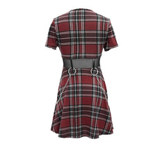 Load image into Gallery viewer, SKT109 daily life cool girls mesh waist stretchy mid-length Scottish red plaid dress with chains
