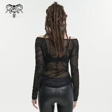 Load image into Gallery viewer, TT236 Punk chain flocked print off-the-shoulder T-shirt