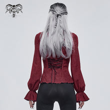 Load image into Gallery viewer, SHT07602 red daily flowers shoulder flared sleeves striped laced up gothic sexy women blouse