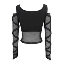 Load image into Gallery viewer, TT048 mesh spliced off the shoulder sexy women punk long sleeves T-shirts