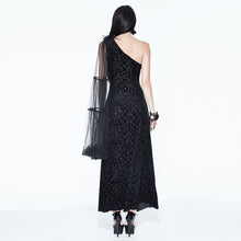 Load image into Gallery viewer, ESKT015 One-shoulder asymmetrical dark pattern stretchy velvet long dress with shawl
