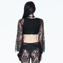 Load image into Gallery viewer, ETT010 Summer black and red sexy women lace sleeve ultrashort halter t-shirt with bead chains