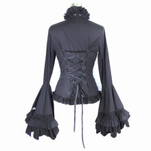 Load image into Gallery viewer, SHT00901 Women gothic big flared sleeves lace up black cotton blouse with necktie