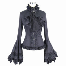 Load image into Gallery viewer, SHT00901 Women gothic big flared sleeves lace up black cotton blouse with necktie