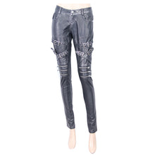 Load image into Gallery viewer, PT03301 punk multi-loops zipper black and silver hand-rubbed women leather pants