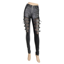 Load image into Gallery viewer, PT035 Punk mesh thigh big elastic women biker leather pants with loops
