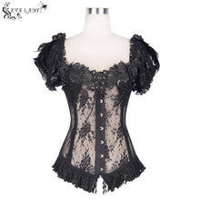 Load image into Gallery viewer, ECST001 Gothic adjustable steel buckles fishbone transparent lace corset with feather flowers