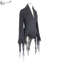 Load image into Gallery viewer, ESHT001 irregular hem lace triangular tassels jacquard sexy women long sleeves black blouse