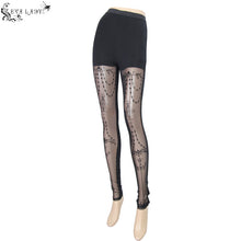 Load image into Gallery viewer, EPT003 witch elastic waistband flocking printed transparent stretchy mesh sexy women leggings