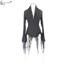 Load image into Gallery viewer, ESHT001 irregular hem lace triangular tassels jacquard sexy women long sleeves black blouse