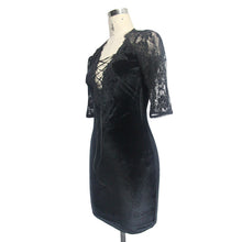 Load image into Gallery viewer, SKT030 daily lace raglan sleeves rose mesh flocking sexy women deep V velvet dress with lotus leaf
