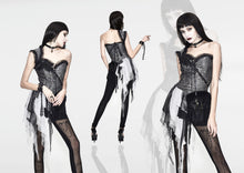 Load image into Gallery viewer, ECST002 Black and silver irregular chiffon lace and ruffles hem corset with shoulder strap