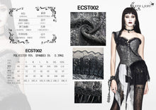 Load image into Gallery viewer, ECST002 Black and silver irregular chiffon lace and ruffles hem corset with shoulder strap