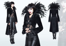 Load image into Gallery viewer, ECT004 Festival short front long back feather stand collar velveteen gothic women black long coat