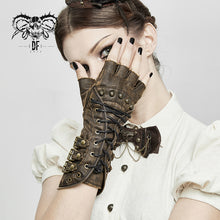 Load image into Gallery viewer, GE011 Unisex style brown Steampunk medium length fitted gloves with loops