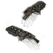 Load image into Gallery viewer, GE014 Brown Steampunk metallic gear women leather gloves with chains