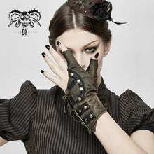Load image into Gallery viewer, GE014 Brown Steampunk metallic gear women leather gloves with chains