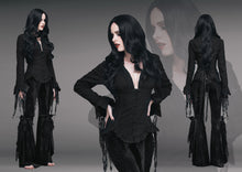 Load image into Gallery viewer, ESHT001 irregular hem lace triangular tassels jacquard sexy women long sleeves black blouse