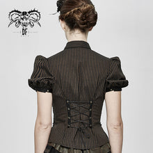 Load image into Gallery viewer, SHT043 Steampunk bubble short-sleeved striped brown women slim cotton blouse