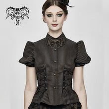 Load image into Gallery viewer, SHT043 Steampunk bubble short-sleeved striped brown women slim cotton blouse