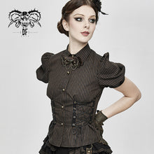 Load image into Gallery viewer, SHT043 Steampunk bubble short-sleeved striped brown women slim cotton blouse