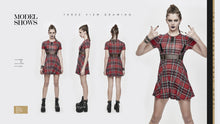 Load image into Gallery viewer, SKT109 daily life cool girls mesh waist stretchy mid-length Scottish red plaid dress with chains