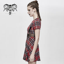 Load image into Gallery viewer, SKT109 daily life cool girls mesh waist stretchy mid-length Scottish red plaid dress with chains