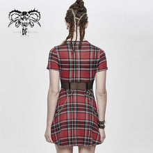 Load image into Gallery viewer, SKT109 daily life cool girls mesh waist stretchy mid-length Scottish red plaid dress with chains