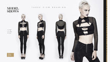 Load image into Gallery viewer, TT122 everyday summer bat collar hollow out mesh long sleeves women midriff-baring tops