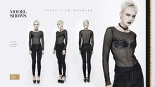 Load image into Gallery viewer, TT135 punk skeleton palm leather embroidery fetish sexy women round collar mesh T-shirt