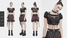 Load image into Gallery viewer, TT165 Scottish red plaid off shoulder sling short T-shirt