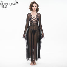 Load image into Gallery viewer, ESX004 see through flared sleeve lace black long night dress sexy lingerie