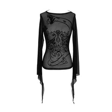 Load image into Gallery viewer, TT124 Gothic Snake flocking printed horn sleeve sexy ladies mesh T-shirt