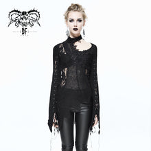 Load image into Gallery viewer, SR004 Autumn asymmetric woollen broken holes lace spliced sexy ladies gothic black sweater