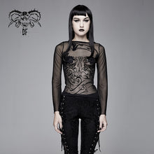 Load image into Gallery viewer, TT124 Gothic Snake flocking printed horn sleeve sexy ladies mesh T-shirt