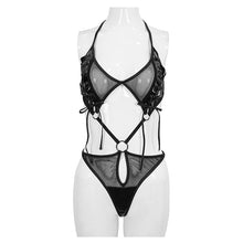 Load image into Gallery viewer, SX008 punk mesh black leather spliced one-piece sexy lingerie