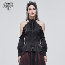 Load image into Gallery viewer, SHT08101 summer black fitted waist sexy women off the shoulder vertical striped lace Gothic blouse