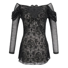 Load image into Gallery viewer, TT169 Gothic Off The Shoulder Back Swing Collar Printed Mesh T-shirt