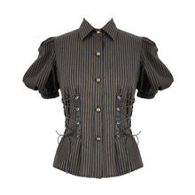Load image into Gallery viewer, SHT043 Steampunk bubble short-sleeved striped brown women slim cotton blouse