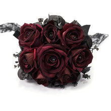 Load image into Gallery viewer, EAS013 handmade Gothic wedding red roses bridal bouquet with black ribbons and lace